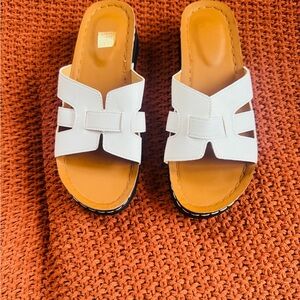 White Leather Slide Mules with Tan Footbed